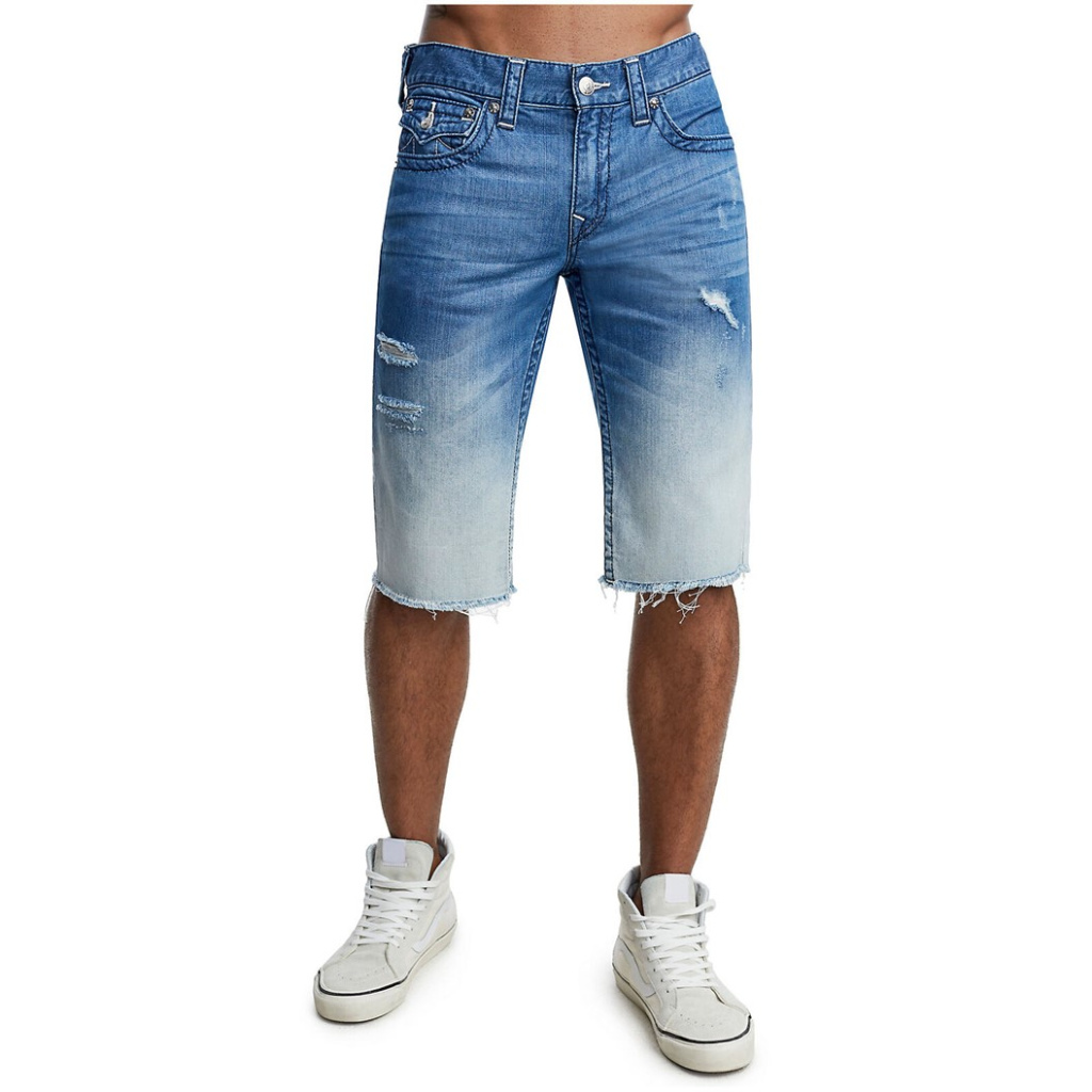 True Religion Men's Straight Leg Denim Cut-Off Shorts W/Flaps And Rips In Moving